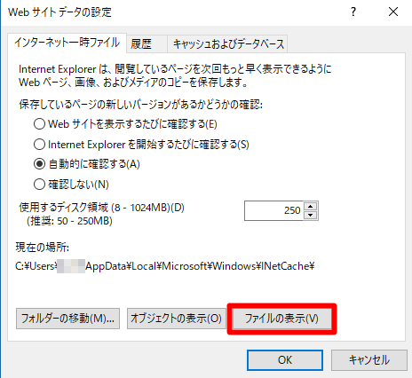 Internet Explorerの一時ファイルのフォルダー「INetCache（Temporary Internet Files）」を表示したい